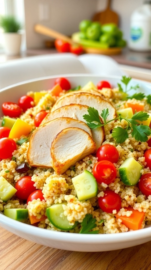 A colorful quinoa chicken salad with grilled chicken, cherry tomatoes, cucumber, and bell peppers in a bowl.